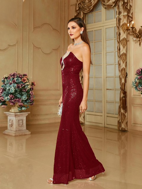 Burgundy Sequin Strapless Dress