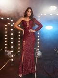 Burgundy Sequin Prom Dress One Sleeve