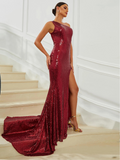 Long Sequined Evening Dress Burgundy