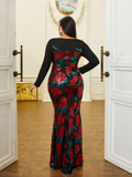 Plus Size Black Sequin Dress With Red Flowers