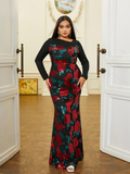 Plus Size Black Sequin Dress With Red Flowers