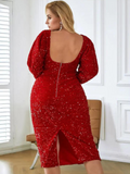 Plus Size Red Dress With Long Sequined Sleeves