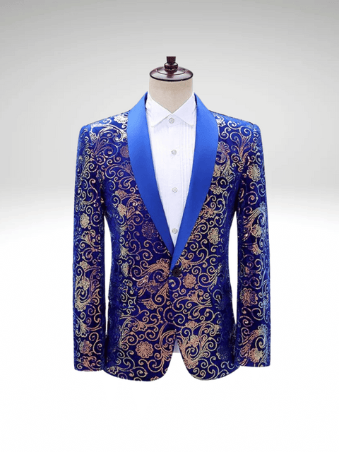 Gold Floral Blue Sequin Suit Jacket Mens