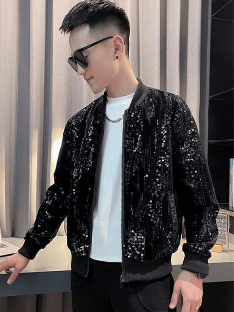 Black Sequin Bomber Jacket Mens