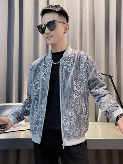 Gray Sequin Bomber Jacket Mens