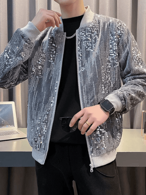 Gray Sequin Bomber Jacket Mens