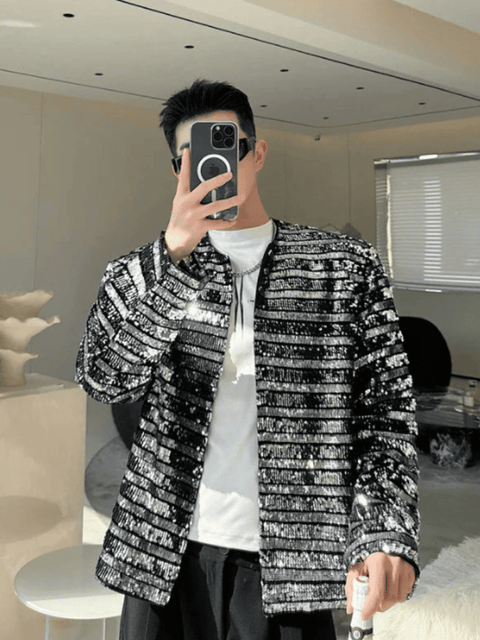 Black Silver Sequin Stripe Jacket Men