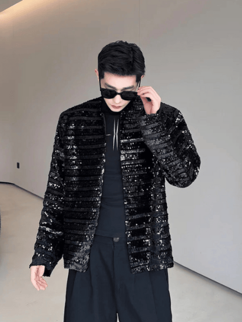 Black Silver Sequin Stripe Jacket Men