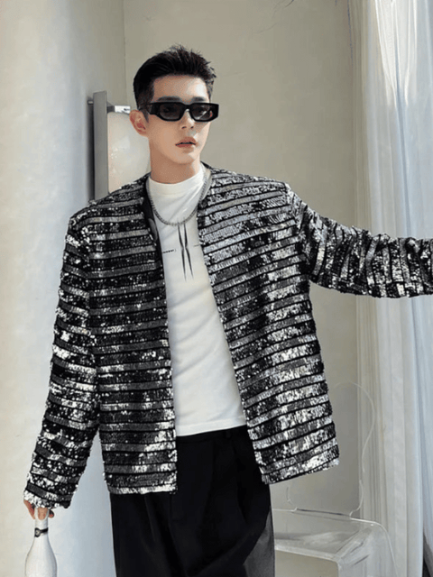 Black Silver Sequin Stripe Jacket Men