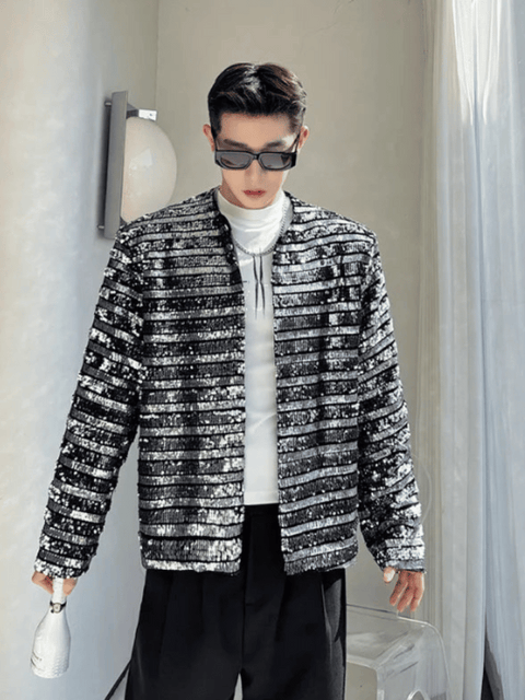 Black Silver Sequin Stripe Jacket Men