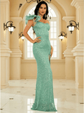 Mint Sequin Slit Dress With One Shoulder