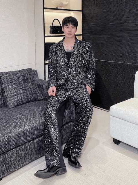 Two Piece Men Jacket Pant Sequin