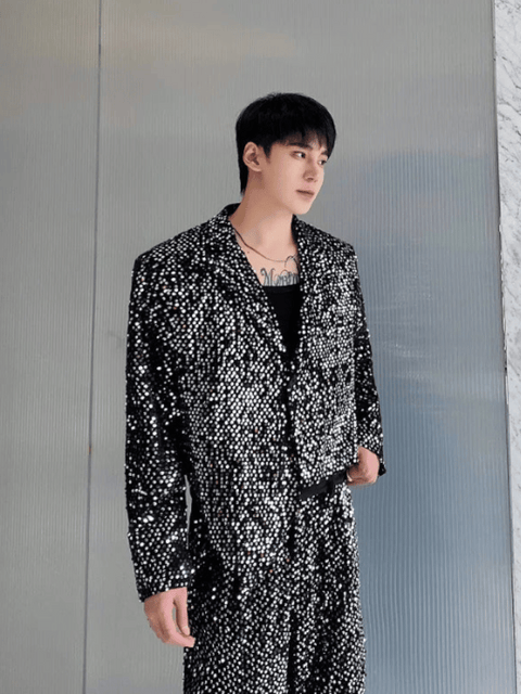 Two Piece Men Jacket Pant Sequin