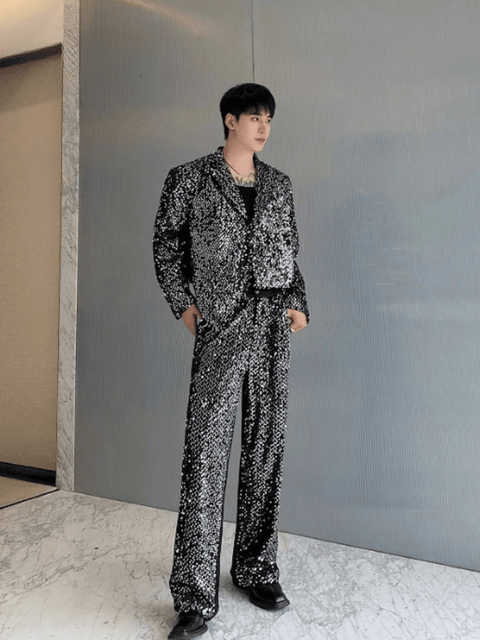 Two Piece Men Jacket Pant Sequin