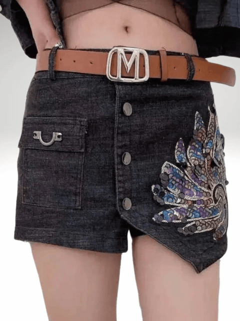 Black Glitter Shorts Denim Belt