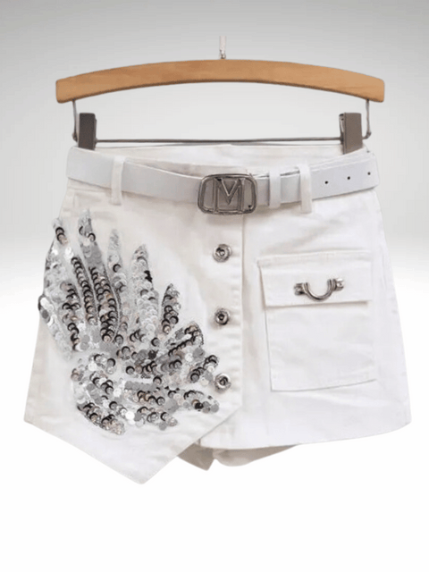 White Glitter Shorts Denim Belt