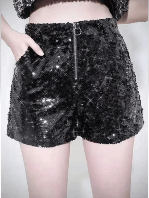 Black Sequin Zipper Shorts