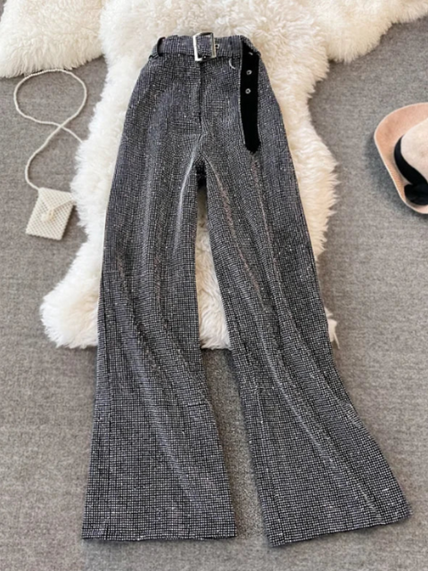 Grey Women Rhinestone Pants