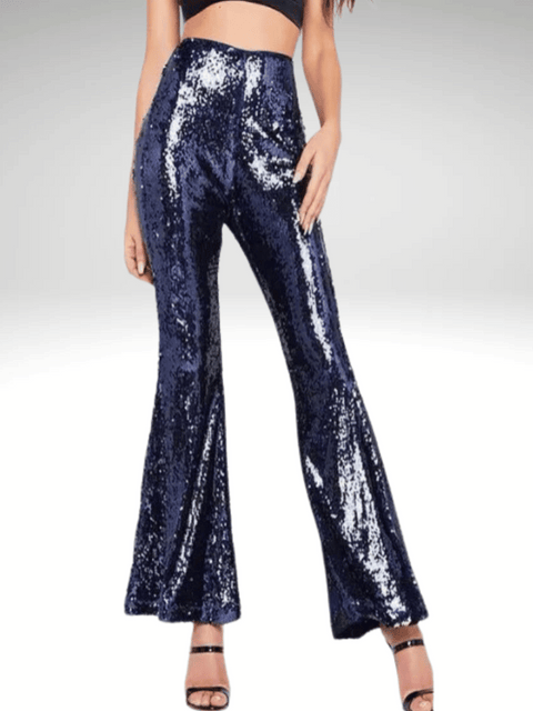 Navy_Blue High Waisted Flared Pants With Sequins