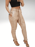 Champagne Women's Sequined Pants With Elastic