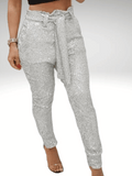 Silver Women's Sequined Pants With Elastic