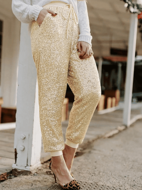 Gold Women's Sequinned Pants With Elastic