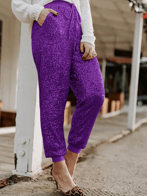 Purple Women's Sequinned Pants With Elastic