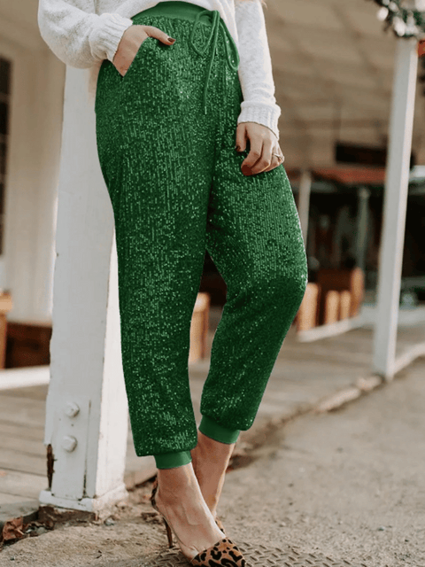 Green Women's Sequinned Pants With Elastic