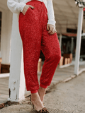 Red Women's Sequinned Pants With Elastic