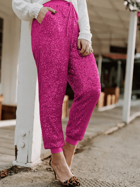 Pink Women's Sequinned Pants With Elastic