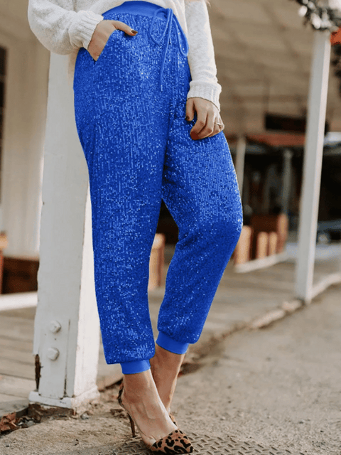 Blue Women's Sequinned Pants With Elastic