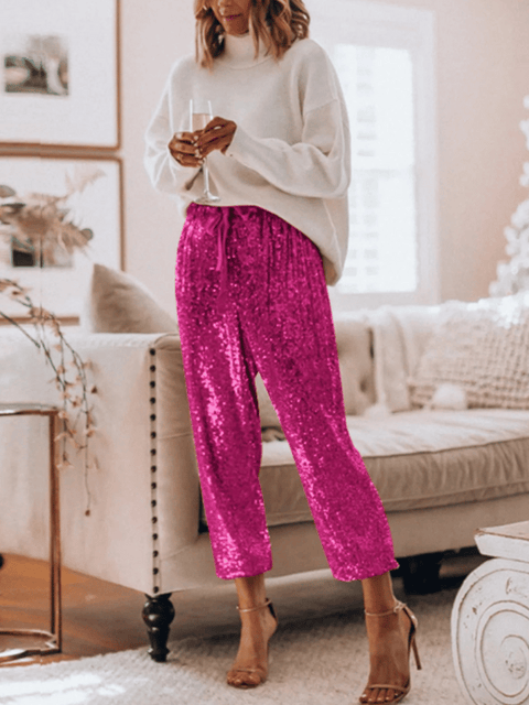 Pink Women's Sequinned Pants With Elastic