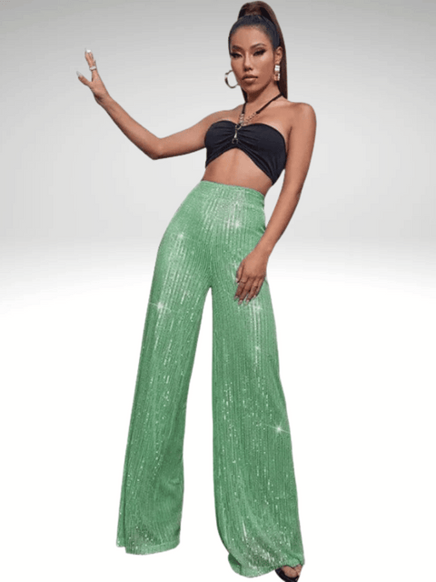 Light_Green High Waisted Sequined Pants