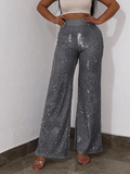 Grey Women's High Waisted Sequined Pants