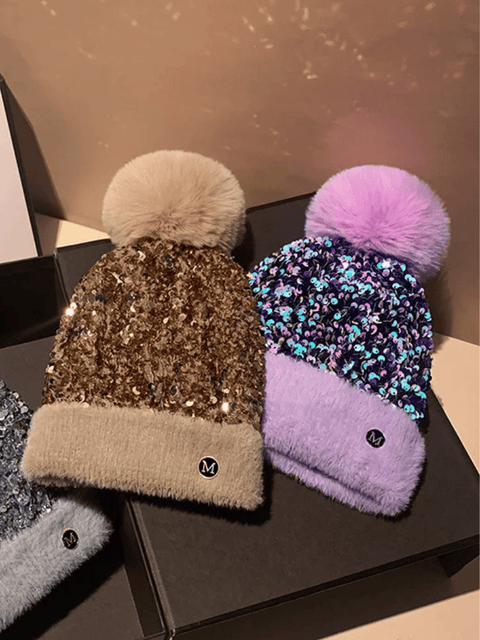 Sequin Pom Pom Beanie Hat