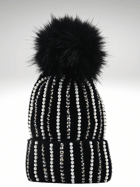 Rhinestones Beanie Pom Pom