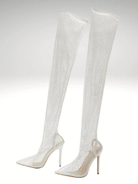 Knee High Boots Rhinestone Mesh