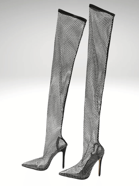 Knee High Boots Rhinestone Mesh