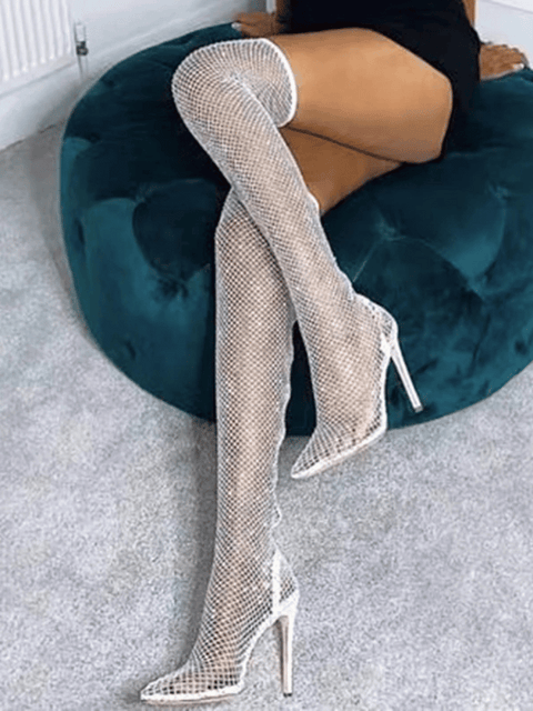 Knee High Boots Rhinestone Mesh