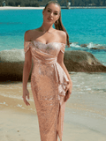 Light Pink Gold Sequin Dress With Bare Shoulder