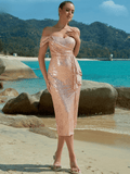 Light Pink Gold Sequin Dress With Bare Shoulder