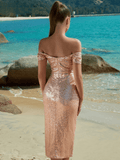 Light Pink Gold Sequin Dress With Bare Shoulder