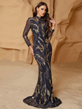 Black Gold Sequin Long Dress With Long Sleeve