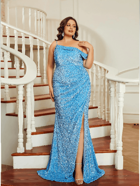 Plus Size Light Blue Sequin Dress Spaghetti Strap