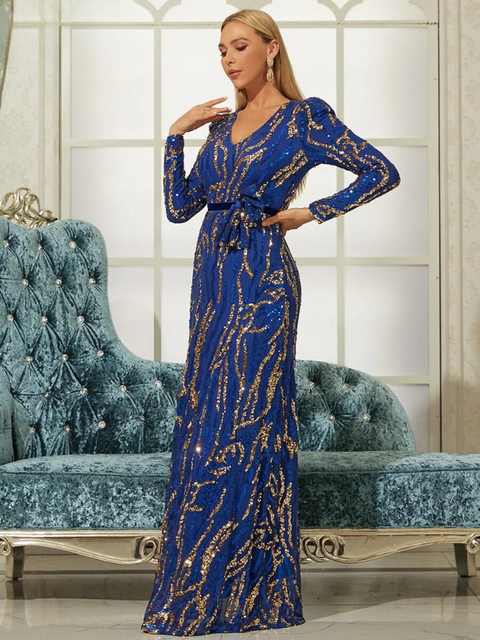 Blue Gold Sequin V Neck Dress Long Sleeve