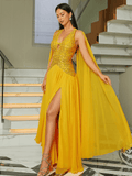 Yellow Sequin Dress With Cape