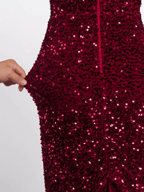 One Sleeve Red Sequin Dress Short