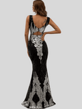 Long Black Silver Sequin Evening Dress