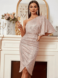 Mini Rose Gold One Shoulder Sequin Dress