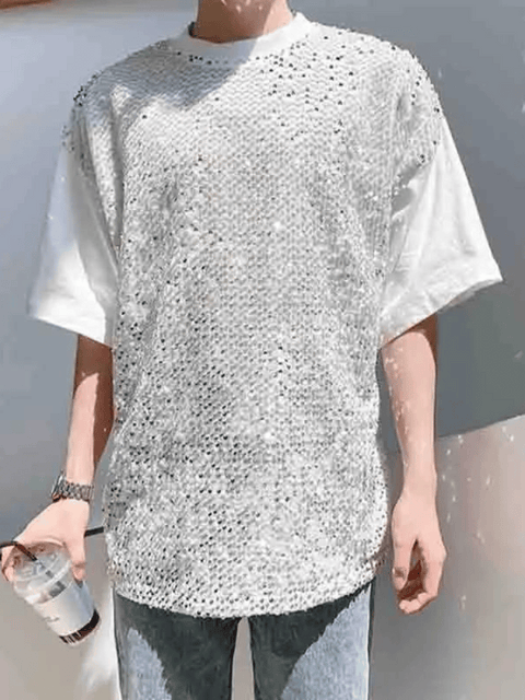 White Mens Black Sequin Shirt